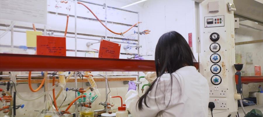 Student working on an experiment in a fume hood