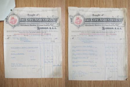 Photographs showing invoices for purchases of Blue and White Asbestos.