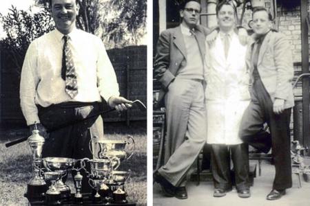 At Mina al-Ahmahdi in 1962 and (right) at Babcock and Wilcox, Renfrew in 1949. James B. Rae is in the middle.